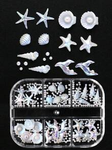 FULL BEAUTY 6格3D海洋美甲裝飾套組，幻彩海星貝殼海螺美人魚尾樹脂裝飾附珍珠，夏季海灘主題平底美甲配件，適合DIY美甲手工藝 - 彩色 - 查看 3