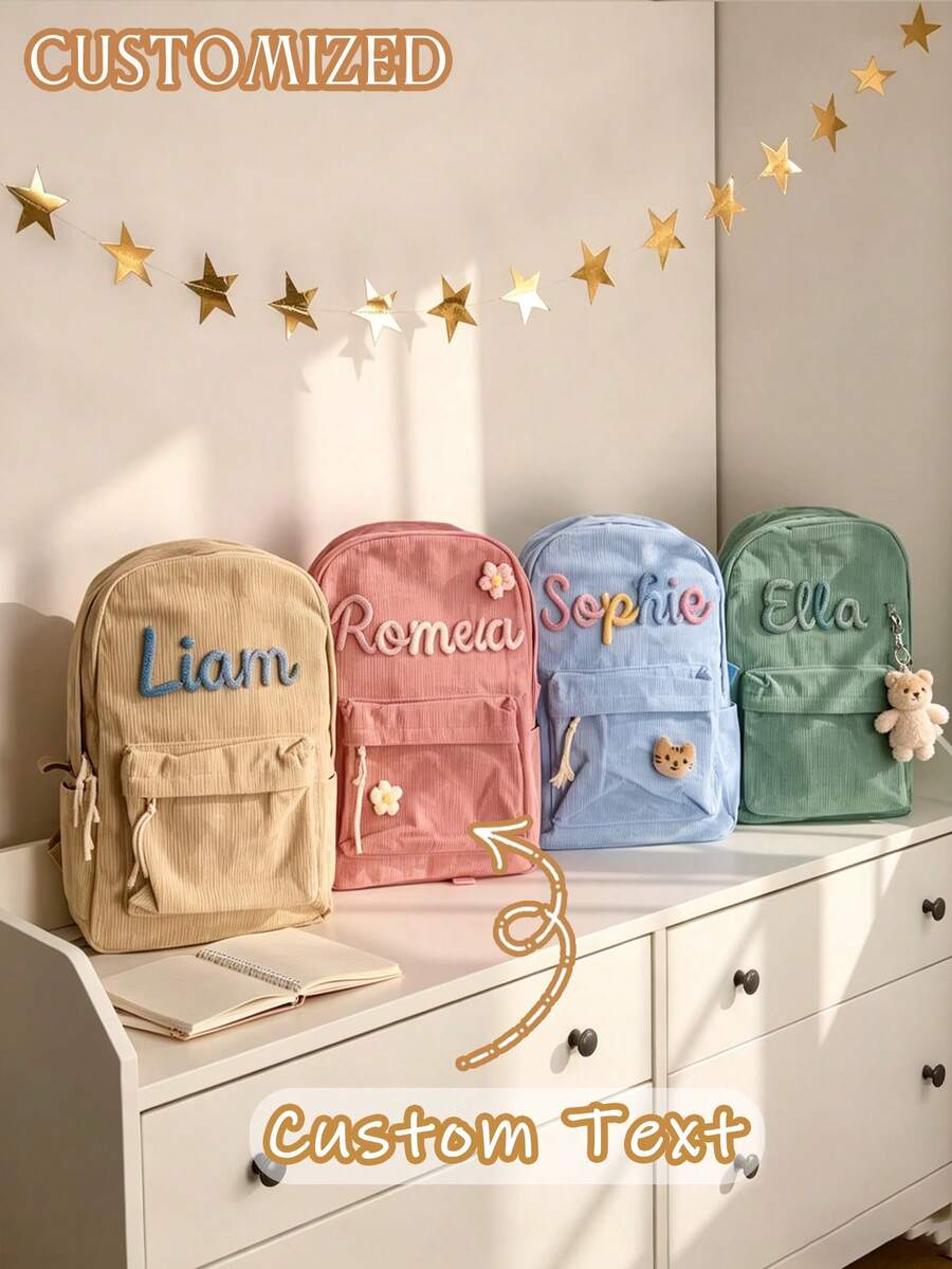 Tas Ransel Corduroy Bordir Nama Kustom, Tas Sekolah Dekorasi Kartun Lucu, Hadiah Kembali ke Sekolah yang Dipersonalisasi untuk Remaja & Penggunaan Sehari-hari Unisex