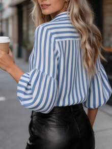 Striped Contrast Color Print Button-Up Shirt, Suitable For Spring/Summer Office Wear - Blue and White - View 4