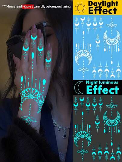 1pc Blue Glow-In-The-Dark & White Ink Glow Temporary Tattoo, Original Body Art Tattoo Sticker, Shimmering Nail Floral, Moon & Geometric Designs, Shiny Finger, Arm & Body Waterproof Fake Tattoo, Lasts 2-5 Days, Covers Scars, For Arm, Wrist, Shoulder, Leg, Waist, Neck, Hand, Chest, Thigh, Finger, Party & Birthday Gift