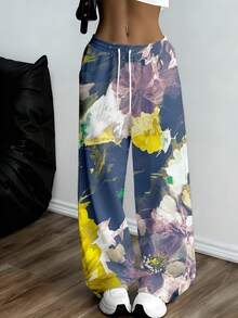 Floral Print Wide Leg Sweatpants With Drawstring Waistband Suitable For Casual And Sports Activities - trắng - Xem 1