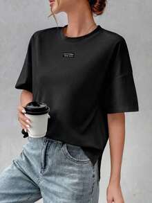 Women's Comfortable Basic Cotton T-Shirt With Embroidered Letter Pattern, Stylish Design With Short Front And Long Back, Suitable For Outings, Combinations, Travel And Vacations, Unisex Urban Vintage Style Summer T-Shirt With Short Sleeve And Round Neck In Loose Cotton. - 黑色 - 查看 5