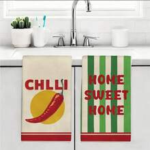 2 buah Handuk Dapur Bertema Cabai Bergaris Merah & Hijau Vintage, 40*60cm, Bahan Mikrofiber Lembut, Cocok Untuk Rumah, Dapur, Restoran, Berkemah di Luar Ruangan, Membersihkan Meja, Mengeringkan Piring, Mengeringkan Tangan, Hadiah Liburan - MultiWarna - View 6