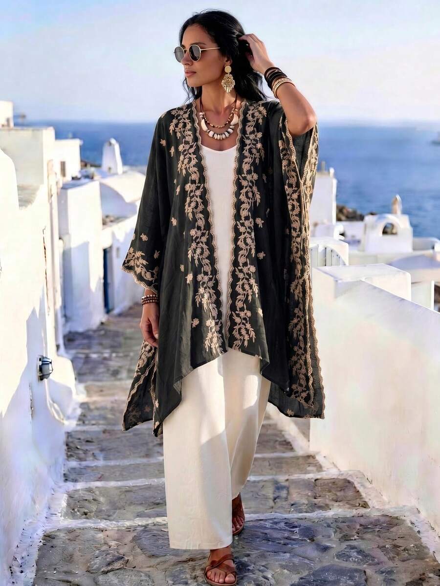 1 chiếc Kimono/Sarong phong cách Bohemian thêu hoa trang nhã, áo choàng đi biển mùa xuân/hè dành cho nữ, khăn choàng nhẹ, phụ kiện thời trang đa năng, quà tặng sang trọng, đồ dùng cần thiết khi đi du lịch, đồ dùng cho kỳ nghỉ. - màu đen - Xem 1