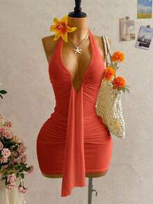 Vestido mini casual de vacaciones para mujer con escote en V profundo, cuello halter con lazo, y drapeado.Adecuado para la playa, cruceros y festivales de música en verano - Naranja Coral - Ver 10