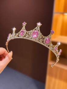 1pc Gold & Pink Crystal Princess Crown Headpiece, High-End Hair Accessory Birthday Gift For Girls - Pink - View 6