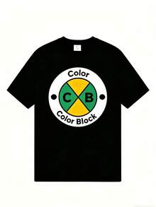 Color Block Circle Logo T-Shirt, Black Casual Sporty Top, Letter Print Short-Sleeve T-Shirt, Unisex New Summer Style - 黑色 1 - 查看 9