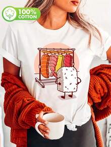 -Sushi Wardrobe Printed Shirt, Casual Short-Sleeved, Round-Neck Top For Summer And Spring, Women's Clothing - White - View 11