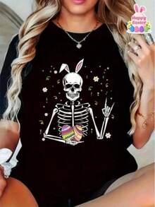 1 pieza Camiseta con esqueleto de conejo de Pascua estilo mecedora - Con calavera colorida de Pascua - Negro - Ver 8