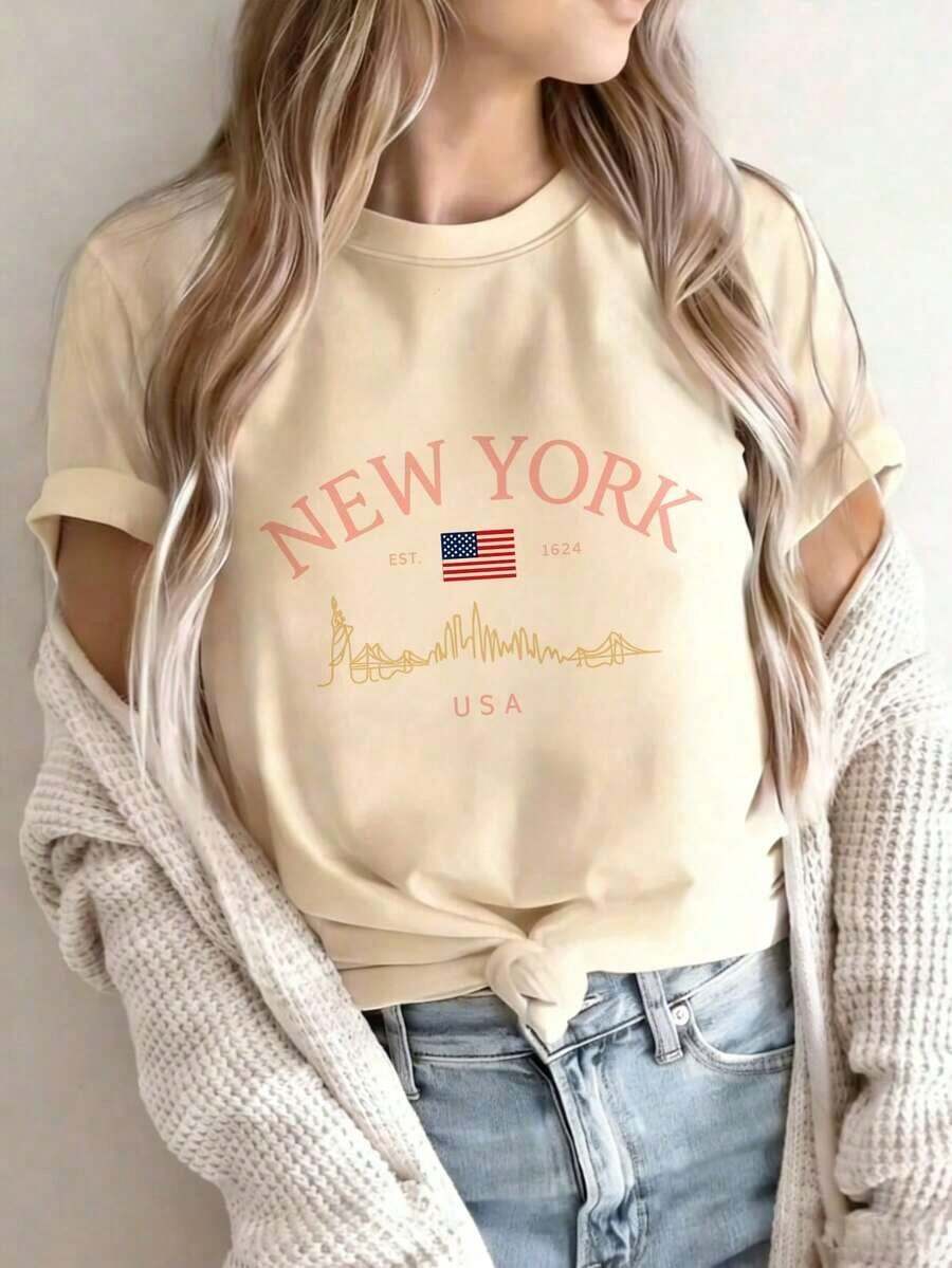 Women's Summer T-Shirt With A Loose Fit, Round Neck, And Short Sleeves, Featuring A Simple Slogan Print, Perfect For A Casual Vacation. A Fashionable Blouse Suitable For Everyday Wear And Holidays. - 杏 - 查看 1
