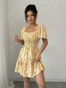 Vestido corto de verano para mujer con cuello cuadrado, mangas acampanadas y volantes en el bajo - Color caoba - Ver 11