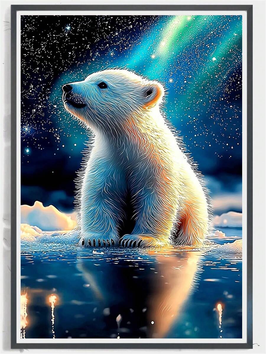 1 Set Diamond Painting Kit - Full Drill Round Diamonds, Art Painting Of Polar Bear Cubs Under Aurora, Suitable For Beginners, Perfect For Home And Office Decor, Excellent Holiday Gift - 圓鑽 - 查看 1