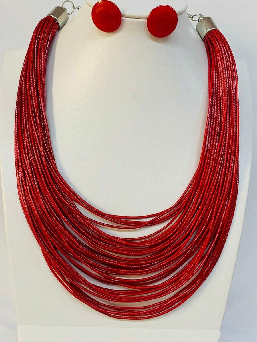 Maxi Waxed Multi-Strand Necklace Set With Button Earrings - 紅色4 - 查看 1