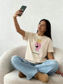 Camiseta con Estampado de Letras y Gráfico de Oso - Albaricoque - Ver 1