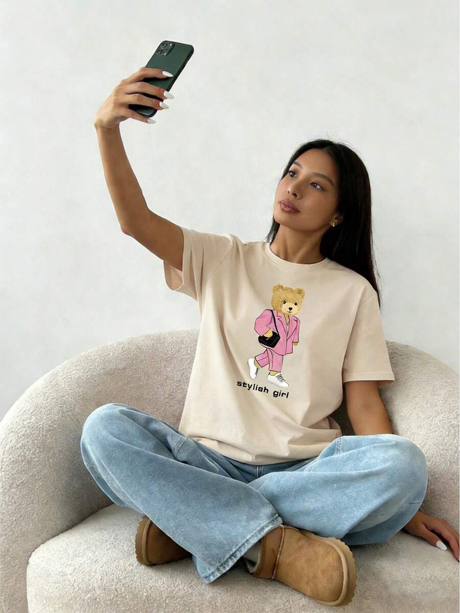 Camiseta con Estampado de Letras y Gráfico de Oso - Albaricoque - Ver 1