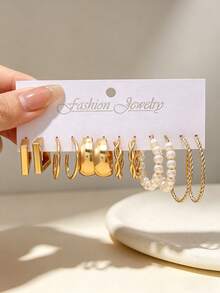 12/48pcs Elegant & Exquisite Gold Tone Earring Set, Unique Geometric Twisted Pearl Design, Versatile Fashion Accessory, Sweet Gift For Female Friends - Gold - View 5