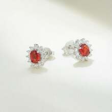 Pendientes de botón con marco ovalado de rubí de plata de ley 925, regalo para mujeres - Rojo - Ver 3