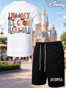 Disney Cars "In My Ka-Chow Mama Era" 2-Piece Outfit, Summer T-Shirt & Summer Shorts Set, Colorful Character Graphic, Casual Summer Matching Set For Moms - White - View 2