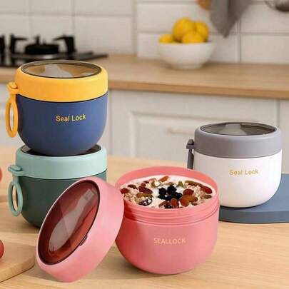 1 Stück Frühstücks-Haferschale, tragbarer Joghurtbecher, Bento Box, Schulessen Box, Frühstücksbecher mit Deckel, Löffel und Silikongriff, Lebensmittelbehälter, Lunchbox, auslaufsicher, geeignet für Zuhause, Schule, Büro, Reisen und Outdoor-Picknick, Schul-Zubehör