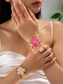 2pcs Jewelry Set, New European And American 5-Petal Flower Oil Drop Adjustable Bracelet And Ring For Women - Yellow Gold - View 5