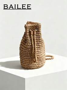 1pc Fashionable Casual Summer Holiday Solid Color Straw Foldable Drawstring Bucket Bag, Suitable For Holidays, Outdoor Activities, Beach Essential, Summer Handbag, Perfect For Travel, Vacation, Holiday And Beach, Can Also Be Used As Backpack, School Bag, Large Capacity, Portable, Suitable For Teenage Girls, Women, College Students For Vacation, Holiday, Outdoor Activities, Travel, Hiking. - Khaki - View 2