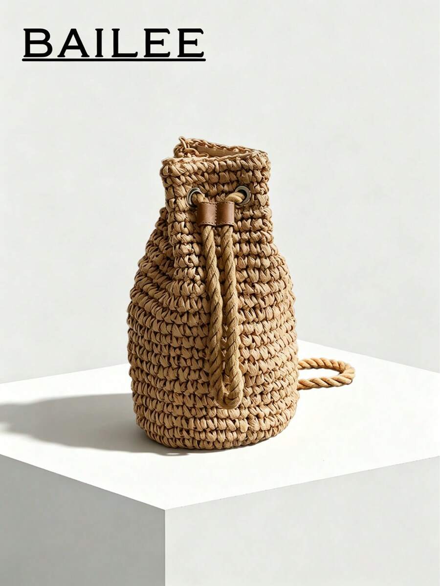 1pc Fashionable Casual Summer Holiday Solid Color Straw Foldable Drawstring Bucket Bag, Suitable For Holidays, Outdoor Activities, Beach Essential, Summer Handbag, Perfect For Travel, Vacation, Holiday And Beach, Can Also Be Used As Backpack, School Bag, Large Capacity, Portable, Suitable For Teenage Girls, Women, College Students For Vacation, Holiday, Outdoor Activities, Travel, Hiking.