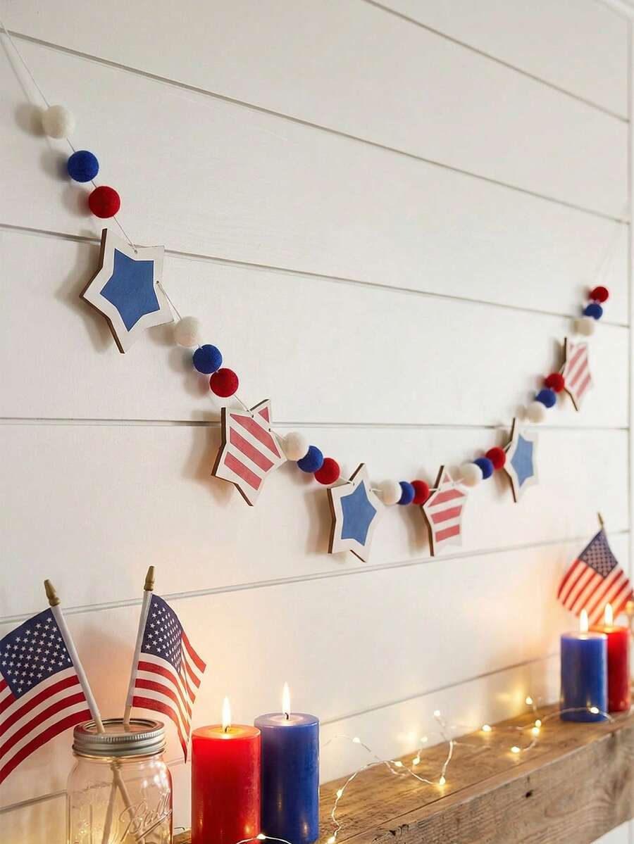 1条美国国旗星形装饰丝带，红白蓝绒球装饰，独立日派对横幅，7月4日庆祝活动，爱国家居装饰，星形饰品，客厅，壁炉，架子，门廊，节日装饰