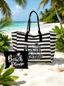 Túi tote đi biển cỡ lớn in họa tiết bãi biển, túi đựng mỹ phẩm, túi xách tay bằng vải canvas có thể gập lại, túi du lịch chống thấm nước và chống cát. - Nhiều màu - Xem 12
