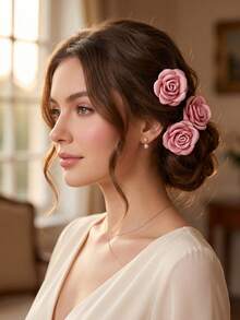3 piezas Clips para el cabello con flores de rosa falsas románticas, accesorios para el cabello en forma de U estilo Mori para novia y dama de honor, decoración para moño - Multicolor - Ver 2