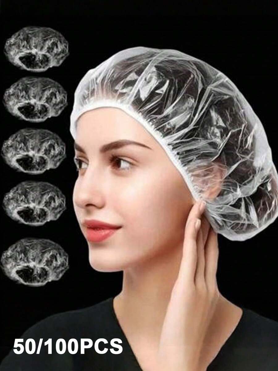 100 Pcs, Universal Large Size, Disposable Shower Caps, Clear, Thickened Waterproof PE Plastic, Elastic Hair Treatment Caps, Professional Spa Salon, Home Hotel Supplies Bulk Set, Deep Conditioning, New Year, Valentine's Day Essential. - White - View 1
