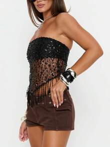 Women's Sparkly Sequin Tube Tops Fringe Backless Mesh Sheer Rave Tank Top See Through Party Strapless Vest Shirts - Black - View 2