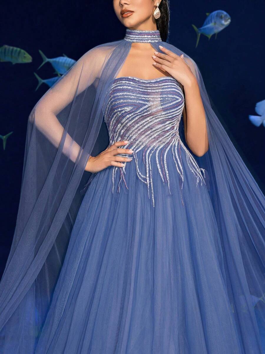 Faeriesty Bộ váy dạ hội trang trọng, đính hạt cườm, thắt dây phía sau, kèm áo choàng lưới, gồm 2 món.