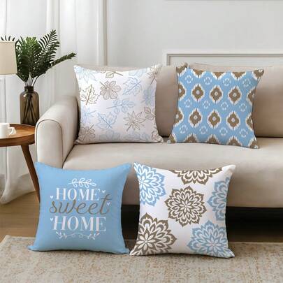 4pcs Blue & Brown Geometric Floral Leaf Pattern Throw Pillow Covers, Single-Sided Soft Peach Skin Velvet Fabric, 45*45CM Cushion Covers For Home Bedroom Living Room Party Holiday Decor, Sofa Decorative Pillow Covers, No Pillow Insert