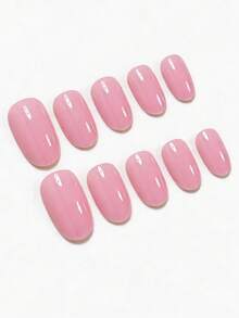 24pcs Medium Oval Pink False Nails, Elegant & Fashionable, Includes 1 Adhesive Sticker And 1 Random Mini Nail Strip, Suitable For Women And Girls - Pink - View 3