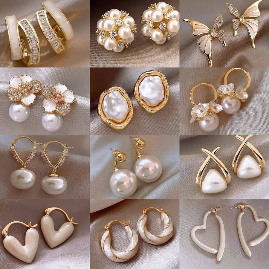 Bộ 8 bông tai kim loại cao cấp, sang trọng theo phong cách Hồng Kông cổ điển. - Vàng - Xem 1