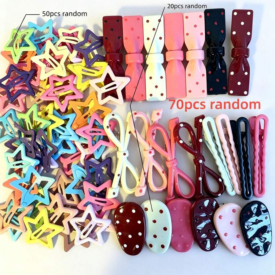 70个/套 随机Y2K风格星星蝴蝶结发夹，可爱彩色发饰，时尚发夹批发 - 70pcs random - 查看 1