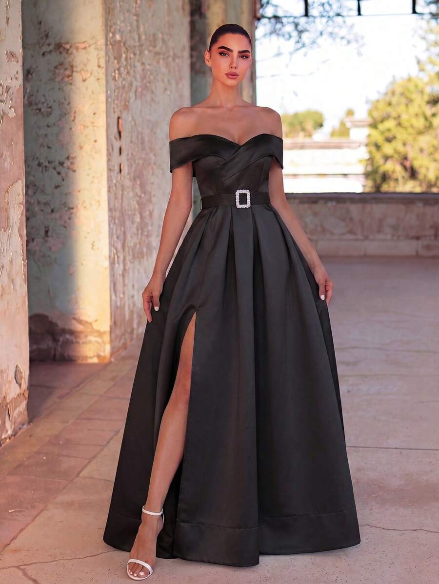 Faeriesty Women's Elegant Fitted Open Shoulder Satin Maxi Dress - Detachable Rhinestone Belt And Thigh-High Slit | Suitable For Formal Galas, Weddings And Special Occasions Spring Black Party - Black - View 1