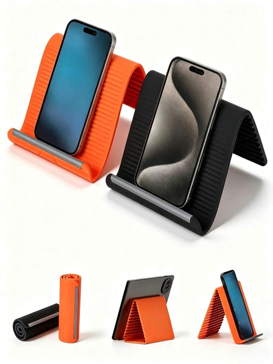 Portable Foldable Silicone Phone Holder Stand, Secure Ergonomic Device Mount For For Phone Tablet Laptop, Flexible Silicone Phone Stand, Bendable Rollable Foldable Design, Multi-Angle Adjustable Stand For Home Office Travel - Silicone Aluminum Phone Holder - View 1