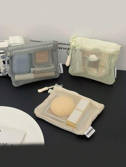 2-Compartment Mesh Storage Bag - Transparent Zipper Portable Cosmetic & Toiletry Organizer Pouch, Multi-Layer Storage Bag Unisex