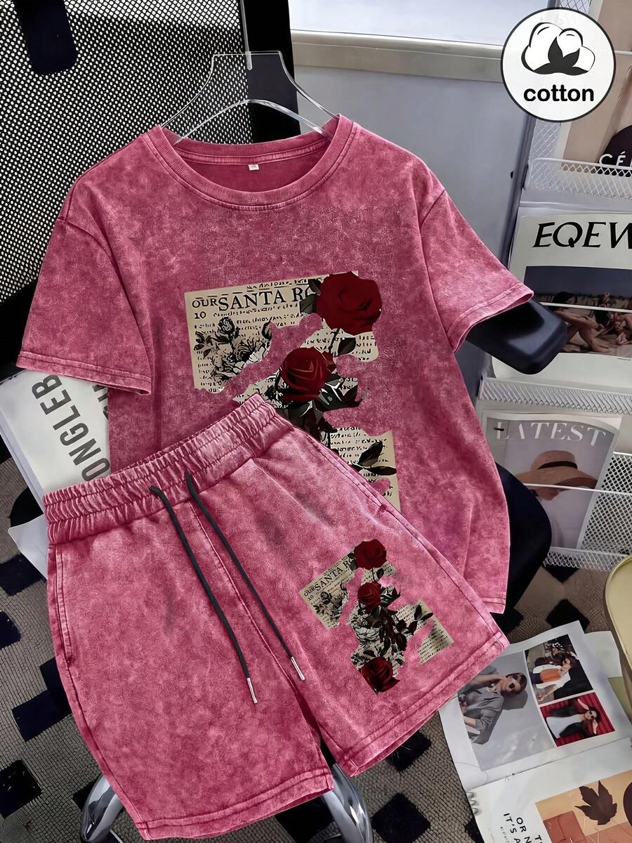 Vintage Washed Technique | Newspaper Red Rose Art Print | Breathable Fabric | Elastic Drawstring Waistband | Summer Lazy Outfit Set - 紅色 - 查看 1