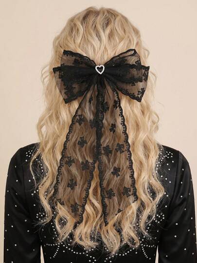 1pc Women's Hair Clip, French Elegant Bowknot Lace Rhinestone Bow Ribbon Hair Accessory, Suitable For Daily, Spring/Summer, Vacation, Party, Decoration
