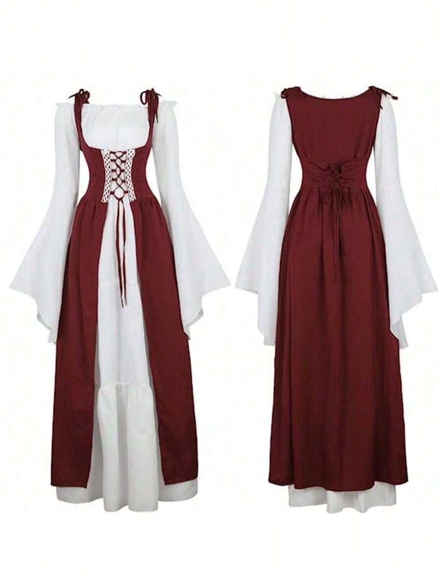 Vintage Medieval Renaissance Dress With Square Neckline And Tied Waist. Halloween Costume. Cosplay Costume. - C63 Brown - View 1