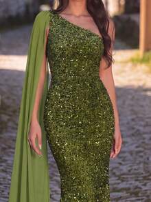Faeriesty Đầm dạ hội lệch vai dáng đuôi cá lấp lánh đính sequin sang trọng dành cho nữ - Lý tưởng cho các đám cưới xa hoa, dạ tiệc, lễ trao giải, sự kiện thắt cà vạt đen và các dịp thảm đỏ. - Màu xanh Ô liu - Xem 4