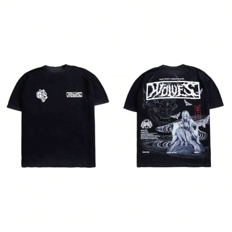 DARCSPORT American-Style Retro T-Shirt For Couples, Men's Top, Pure Cotton Loose-Fit Round-Neck T-Shirt - T260103黑色 - 查看 1