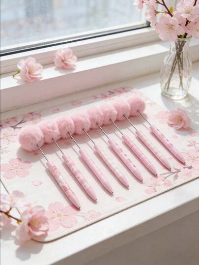 Set Of 10 Bead Pens And 10 Extension Rods, Pink Cherry Blossom Pom-Pom Pens, Stainless Steel Craft Replacement Parts To Meet More Creative Needs, Cute Printed Bow-Shaped DIY Bead Pens, Suitable For Making Mother's Day Gifts, Office And School Supplies, Back-To-School Gifts, Suitable For Girls, Teenagers, And Women