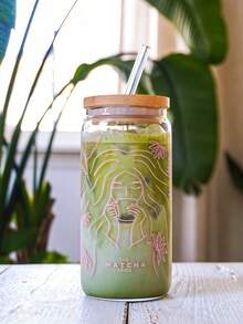 1 Set - Matcha Forest Series Iced Matcha Tumbler, Large Capacity Glass Straw Cup, Home/Office Juice/Beverage Straw Cup, Kitchen Straw Water Cup - Best Gift For Matcha & Coffee Lovers! - Multicolor - View 3