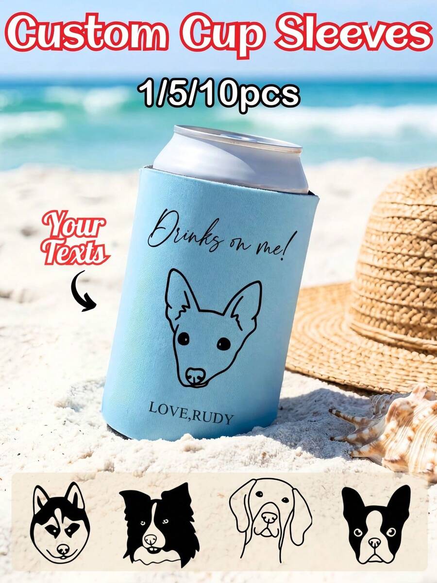 1/5/10件個性化客製化狗狗肖像保冷杯套,氯丁橡膠隔熱飲料套,可客製寵物名稱,8色可選,可重複使用12盎司罐裝飲料杯套,適合BBQ、單身派對、母親節與畢業戶外活動的完美派對小禮物 - 彩色 - 查看 1