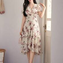 Women's Elegant V-Neck Floral Puff Sleeve Ruffle Hem Mid-Length Dress, Summer Sundress Easter - Rosa - Ver 5