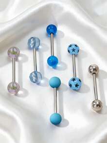 6pcs Cute Stainless Steel Tongue Rings Set, Butterfly, Flower, Kitten, Heart, Foot, Pig Designs, 14G Tongue Piercing Jewelry, Suitable For Women Daily Wear - 6 Tongue Rings - View 9