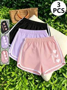 3pcs/Set Girls' Cute Heart Print Sports Shorts, Soft & Comfortable Casual Shorts For Summer, Suitable For Teens - Multicolor - View 1
